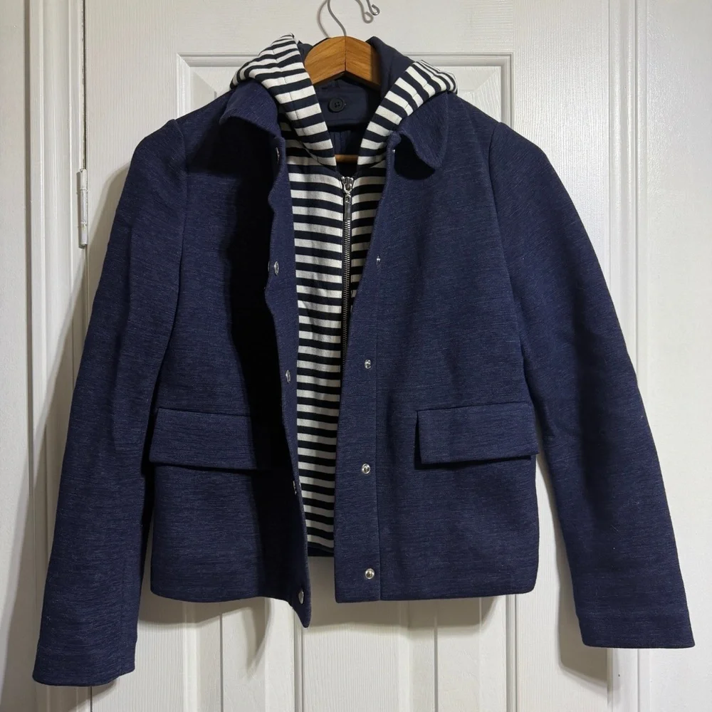 Tory Burch navy blue detachable striped hoodie jacket coat style# 11162501